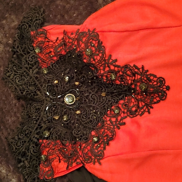 Arden B Above Knee Red with Black Lace & Gems/Beading at neck & décolletage. XL - Picture 6 of 6